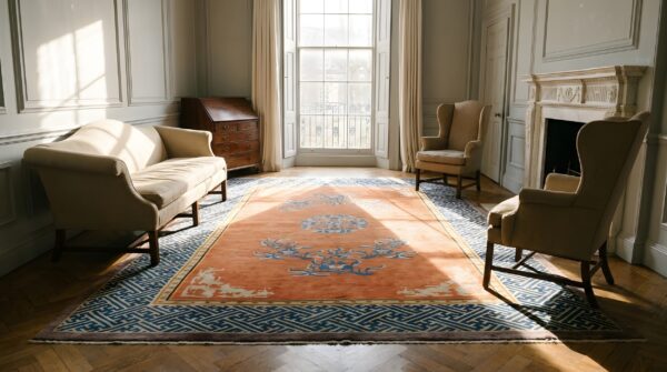 Antique chinese yellow room size wool rug 8 Antique chinese yellow room size wool rug (sku 25667) - room view