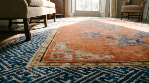 Antique chinese yellow room size wool rug 9 Antique chinese yellow room size wool rug (sku 25667) - in-room detail