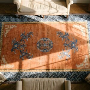 Antique Chinese Yellow Room Size Wool Rug (SKU 25667) - styled overhead view