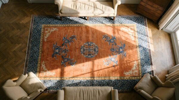 Antique chinese yellow room size wool rug 2 Antique chinese yellow room size wool rug (sku 25667) - styled overhead view