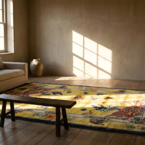 Antique Chinese Yellow Silk Allover Geometric Knotted Rug (SKU 24896) - room view