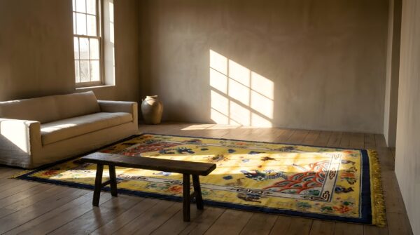 Antique chinese yellow silk allover geometric knotted rug 10 Antique chinese yellow silk allover geometric knotted rug (sku 24896) - room view