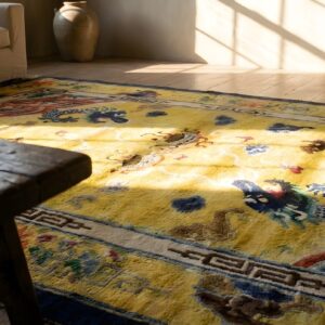 Antique Chinese Yellow Silk Allover Geometric Knotted Rug (SKU 24896) - in-room detail