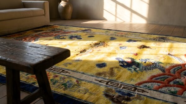 Antique chinese yellow silk allover geometric knotted rug 11 Antique chinese yellow silk allover geometric knotted rug (sku 24896) - in-room detail