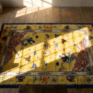 Antique Chinese Yellow Silk Allover Geometric Knotted Rug (SKU 24896) - styled overhead view