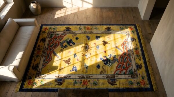 Antique chinese yellow silk allover geometric knotted rug 2 Antique chinese yellow silk allover geometric knotted rug (sku 24896) - styled overhead view