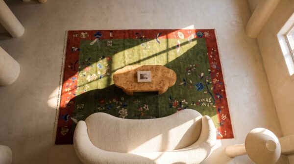 Classic antique art deco chinese design green color area rug 2 Classic antique art deco chinese design green color area rug (sku 23656) - styled overhead view