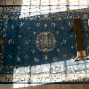 Classic Blue Color Antique Wool Pile Floral Chinese Room Size Peking Rug (SKU 24967) - styled overhead view