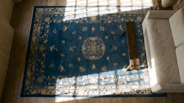 Classic blue color antique wool pile floral chinese room size peking rug (sku 24967) - styled overhead view