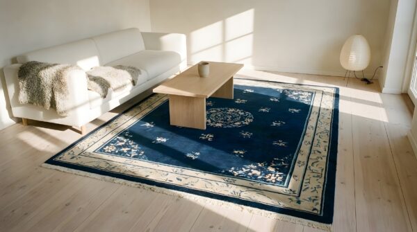 Classic blue color floral medallion design antique peking chinese rug 9 Classic blue color floral medallion design antique peking chinese rug (sku 23968) - in-room detail