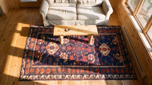 Classic blue color tribal design antique caucasian seychour late 19th century rug 2 Classic blue color tribal design antique caucasian seychour late 19th century rug (sku 21797) - styled overhead view