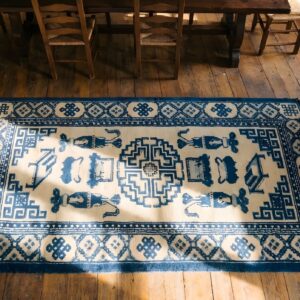 Antique Classic Blue and Ivory Chinese Baotou Scatter Size Area Rug (SKU 23227) - styled overhead view
