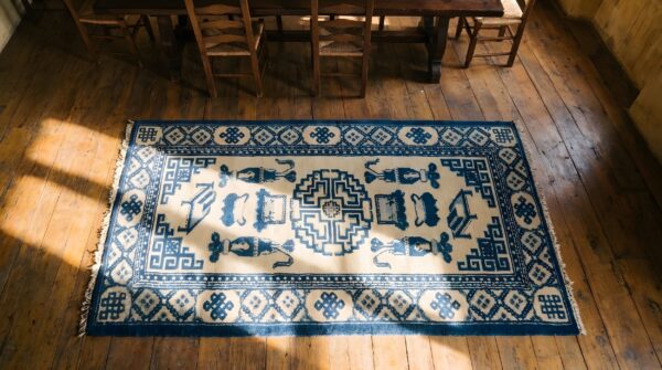 Antique classic blue and ivory chinese baotou scatter size area rug 2 Antique classic blue and ivory chinese baotou scatter size area rug (sku 23227) - styled overhead view