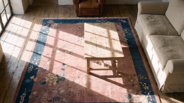 Antique classic floral chinese art deco design area rug (sku 22511) - styled overhead view
