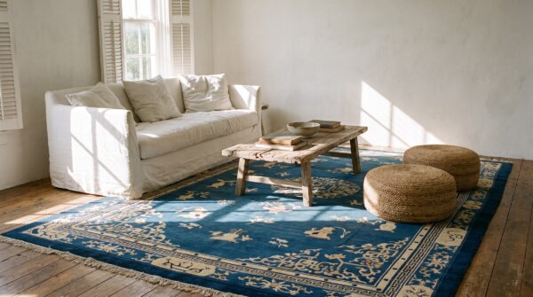 Classic floral medallion design light blue antique chinese peking rug (sku 22804) - room view