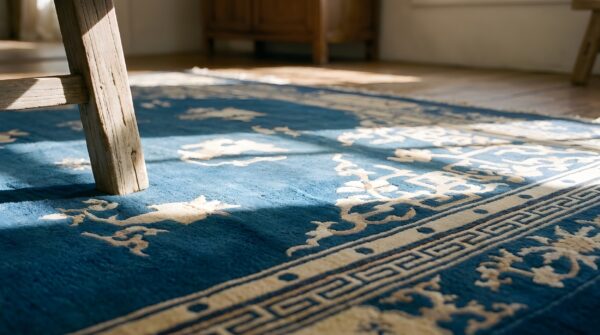 Classic floral medallion design light blue antique chinese peking rug (sku 22804) - in-room detail