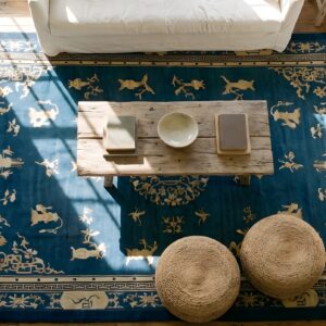 Classic Floral Medallion Design Light Blue Antique Chinese Peking Rug (SKU 22804) - styled overhead view