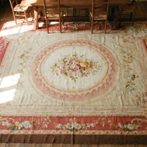 Antique Classic Floral Medallion French Aubusson Room Size Rug (SKU 18183) - styled overhead view