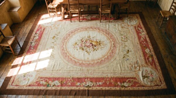 Antique classic floral medallion french aubusson room size rug 2 Antique classic floral medallion french aubusson room size rug (sku 18183) - styled overhead view