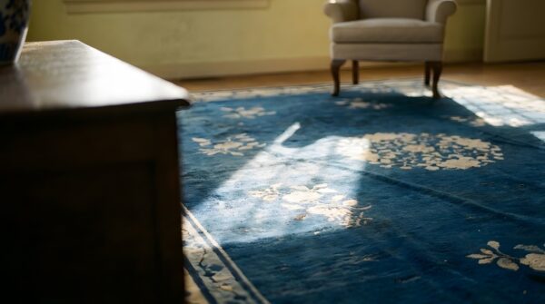 Classic ivory blue color antique floral medallion pattern chinese peking rug 9 Classic ivory blue color antique floral medallion pattern chinese peking rug (sku 23768) - in-room detail