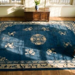 Classic Ivory Blue Color Antique Floral Medallion Pattern Chinese Peking Rug (SKU 23768) - styled overhead view