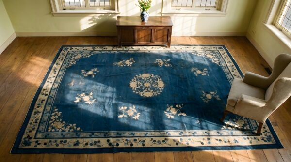 Classic ivory blue color antique floral medallion pattern chinese peking rug 2 Classic ivory blue color antique floral medallion pattern chinese peking rug (sku 23768) - styled overhead view