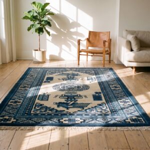 Classic Ivory White and Blue Color Small Wool Pile Scatter Size Antique Chinese Baotou Rug (SKU 22736) - room view