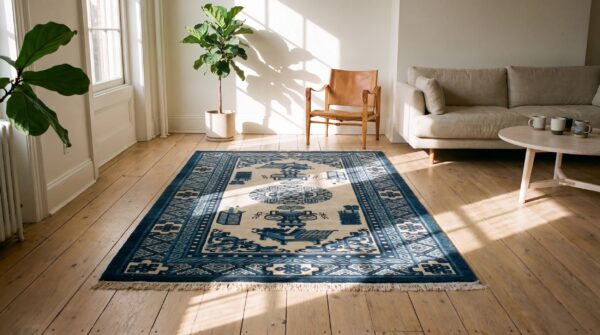 Classic ivory white and blue color small wool pile scatter size antique chinese baotou rug 11 Classic ivory white and blue color small wool pile scatter size antique chinese baotou rug (sku 22736) - room view