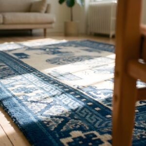 Classic Ivory White and Blue Color Small Wool Pile Scatter Size Antique Chinese Baotou Rug (SKU 22736) - in-room detail