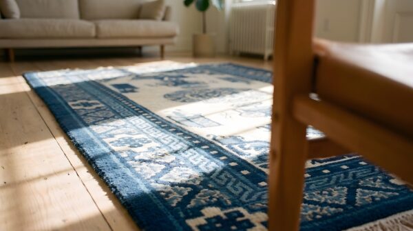 Classic ivory white and blue color small wool pile scatter size antique chinese baotou rug 12 Classic ivory white and blue color small wool pile scatter size antique chinese baotou rug (sku 22736) - in-room detail