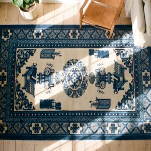Classic Ivory White and Blue Color Small Wool Pile Scatter Size Antique Chinese Baotou Rug (SKU 22736) - styled overhead view