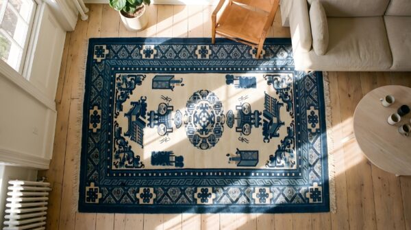 Classic ivory white and blue color small wool pile scatter size antique chinese baotou rug 2 Classic ivory white and blue color small wool pile scatter size antique chinese baotou rug (sku 22736) - styled overhead view