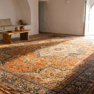 Classic Antique Late 19th Century Red Floral Medallion Pattern Oversized Persian Sarouk Farahan Carpet (SKU 18654) - styled overhead view