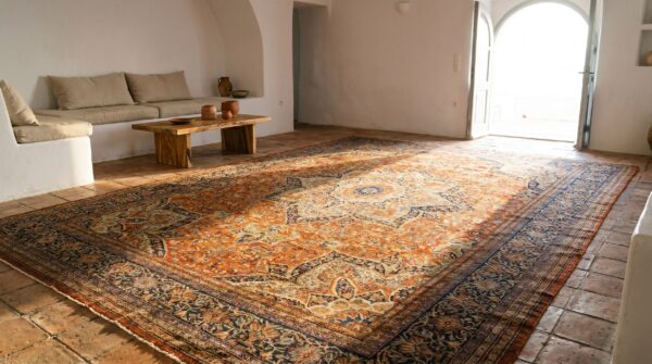 Classic antique late 19th century red floral medallion pattern oversized persian sarouk farahan carpet 2 Classic antique late 19th century red floral medallion pattern oversized persian sarouk farahan carpet (sku 18654) - styled overhead view
