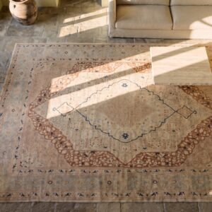Classic Light Color Fine Weave Antique Persian Room Size Haji Jalili Tabriz Rug (SKU 21056) - styled overhead view