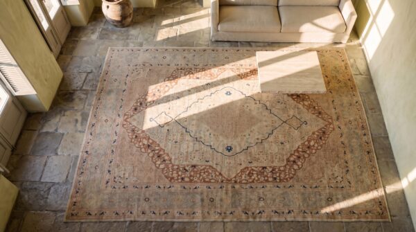 Classic light color fine weave antique persian room size haji jalili tabriz rug 2 Classic light color fine weave antique persian room size haji jalili tabriz rug (sku 21056) - styled overhead view