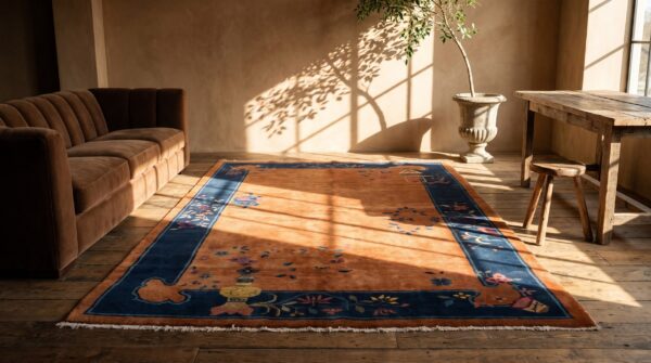 Classic minimalist antique small size chinese art deco coral rug 7 Classic minimalist antique small size chinese art deco coral rug (sku 23137) - room view