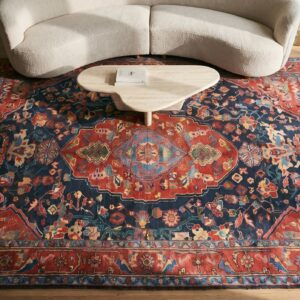 Classic Red Blue Color Antique Floral Medallion Pattern Persian Bakhtiari Rug (SKU 18912) - styled overhead view