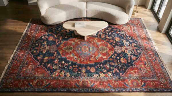 Classic red blue color antique floral medallion pattern persian bakhtiari rug 2 Classic red blue color antique floral medallion pattern persian bakhtiari rug (sku 18912) - styled overhead view