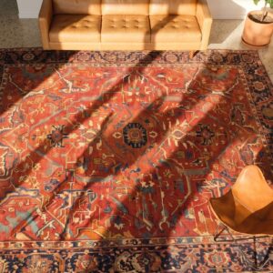 Classic Red Antique Geometric Persian Room Size Heriz Serapi Rug (SKU 21515) - styled overhead view