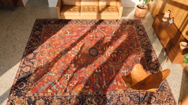 Classic red antique geometric persian room size heriz serapi rug 2 Classic red antique geometric persian room size heriz serapi rug (sku 21515) - styled overhead view