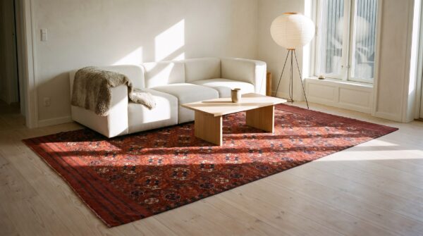 Classic red tribal geometric bokara design 1850's antique turkmen tekke rug 8 Classic red tribal geometric bokara design 1850's antique turkmen tekke rug (sku 25280) - room view