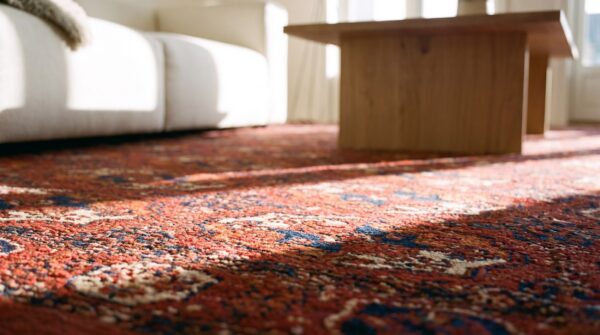 Classic red tribal geometric bokara design 1850's antique turkmen tekke rug 9 Classic red tribal geometric bokara design 1850's antique turkmen tekke rug (sku 25280) - in-room detail
