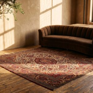 Classic Traditional Antique Floral Medallion Design Persian Isfahan Small Scatter Size Ivory Rug (SKU 22095) - room view