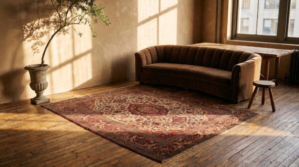 Classic traditional antique floral medallion design persian isfahan small scatter size ivory rug 10 Classic traditional antique floral medallion design persian isfahan small scatter size ivory rug (sku 22095) - room view