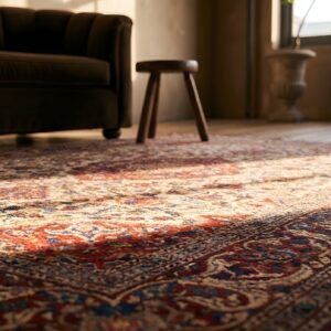 Classic Traditional Antique Floral Medallion Design Persian Isfahan Small Scatter Size Ivory Rug (SKU 22095) - in-room detail
