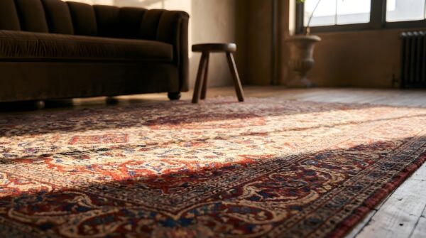 Classic traditional antique floral medallion design persian isfahan small scatter size ivory rug 11 Classic traditional antique floral medallion design persian isfahan small scatter size ivory rug (sku 22095) - in-room detail