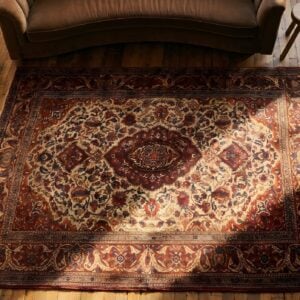 Classic Traditional Antique Floral Medallion Design Persian Isfahan Small Scatter Size Ivory Rug (SKU 22095) - styled overhead view