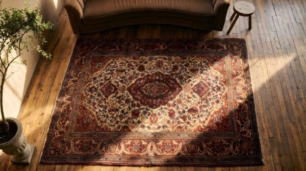 Classic traditional antique floral medallion design persian isfahan small scatter size ivory rug 2 Classic traditional antique floral medallion design persian isfahan small scatter size ivory rug (sku 22095) - styled overhead view