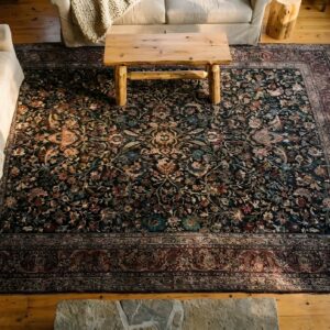 Classic Traditional Antique Floral Persian Khorassan Room Size Rug (SKU 25431) - styled overhead view